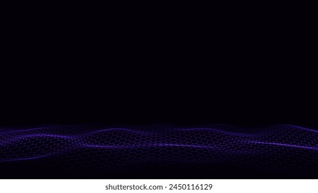Vector glowing purple hexagon wave with motion dots and lines. Abstract digital background. Concept connection big data. Futuristic technology backdrop. 3D rendering.