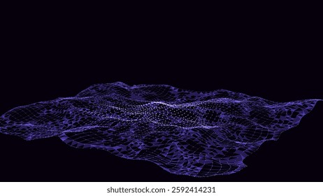 Vector glowing purple wave with motion dots and top view. Abstract digital background. Concept connection big data. Futuristic technology backdrop.