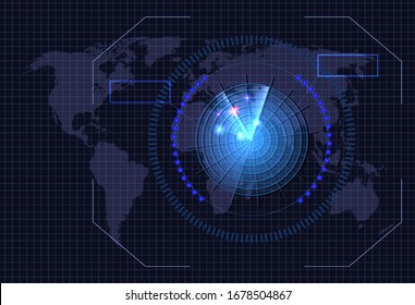 Vector glowing radar illustration, bright blue color, background template, world map and grid on the backdrop, glow rays.