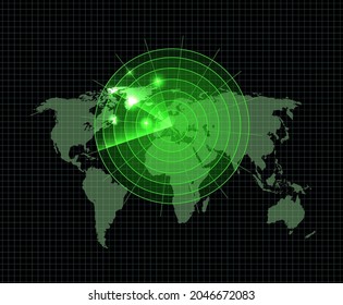 Vector Glowing Radar on World Map, Green Circles, Technology Illustration Template, Shining Focal Points.