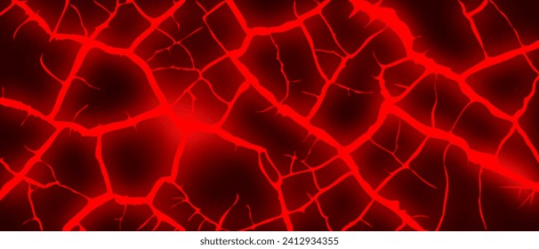 Vector resplandeciente grietas de fuego rojo. Corteza de tierra rota. Magma volcánico gráfico. Fondo de escritorio o fondo.