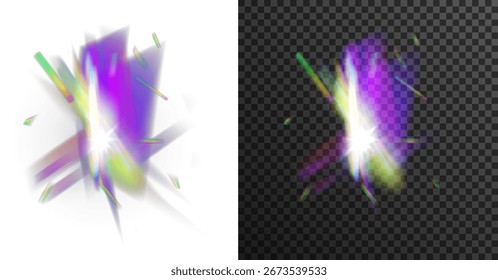 Vector de luces de refracción brillantes. Abstractas destellos de lentes holográficas, efectos de prisma de arco iris, rayos de neón y destellos de brillo sobre fondo transparente para un diseño digital y futurista moderno.
