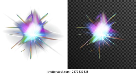 Vector glowing refraction lights. Abstract holographic lens flares, rainbow prism effects, neon rays and glitter sparkles on transparent background for modern digital and futuristic design.