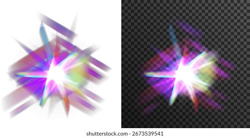 Lâmpadas de refração com brilho vetorial. Sinais de lente holográficos abstratos, efeitos de prisma arco-íris, raios de néon e brilhos brilhantes sobre fundo transparente para design digital e futurista moderno.