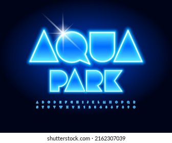 Vector glowing sign Aqua Park with Blue Neon Font. Abstract style Alphabet Letters and Numbers set