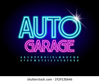Vector glowing sign Auto Garage. Electric light Font. Blue Neon Alphabet Letters and Numbers.