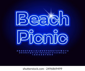 Vector glowing sign Beach Picnic. Bright Blue Font. Modern Electric Alphabet Letters and Numbers set.