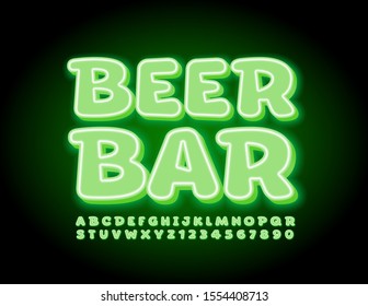 Vektor leuchtend Signieren Bierbar mit trendiger Schriftart. Beleuchtung Alphabet Buchstaben und Zahlen.