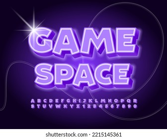 Espacio de juego de signos brillante de vectores. Brillo de neón brillante. Conjunto de letras y números de alfabeto moderno