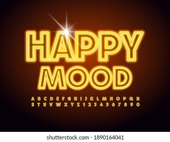 Vector Glowing Sign Happy Mood. Yellow Electric Font. Bright Neon Alphabet Letters And Numbers Set