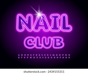 Vector signo brillante Nail Club con fuente de neón púrpura. Conjunto de letras y números del alfabeto iluminado.