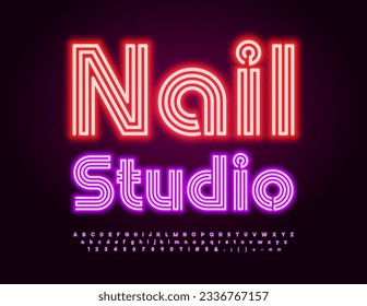 Vector glowing sign Nail Studio. Neon maze Font. Purple electric light Alphabet Letters, Numbers and Symbols set