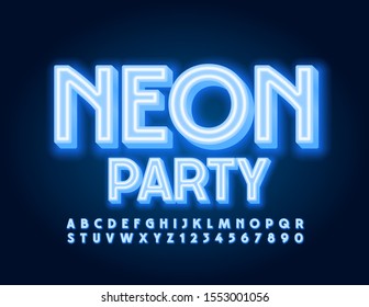 Vector glowing Sign Neon Party.  Modern bright Font. Original Alphabet Letters and Numbers.