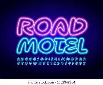 Vector glowing sign Road Motel with neon Font. Blue illuminated Alphabet Letters and Numbers