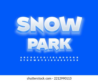 Vector glowing sign Snow Park. White 3D Font. Set of stylish Alphabet Letters and Numbers