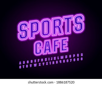 Vector glowing sign Sports Cafe. Violet Led Font. Purple Neon set of Alphabet Letters and Numbers