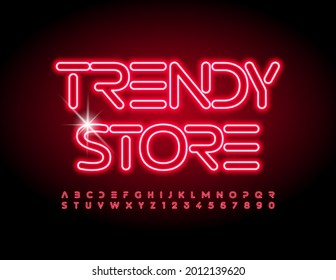 Vector Glowing Sign Trendy Store. Bright Artistic Alphabet Letters and Numbers set. Red Neon Font.