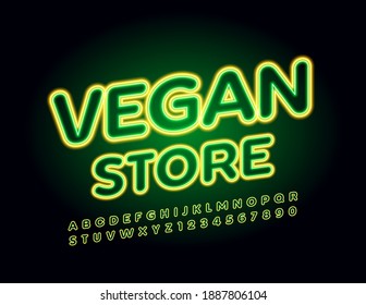 Vector glowing sign Vegan Store. Bright glowing Font. Neon light Alphabet Letters and Numbers set