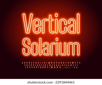 Vector glowing Sign vertical Solarium. Bright Neon Font. Modern Electric Alphabet Letters, Numbers and Symbols set