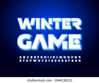 Signo vectorial brillante Juego de Invierno. Letras y números de alfabeto futurista. Fuente moderna iluminada