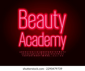 Vector glowing Signboard Beauty academy. Stylish Red Font. Modern Neon Alphabet Letters and Numbers set