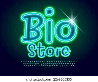 Vector glowing Signboard Bio Store. Neon handwritten Font. Modern Alphabet Letters, Numbers and Symbols.