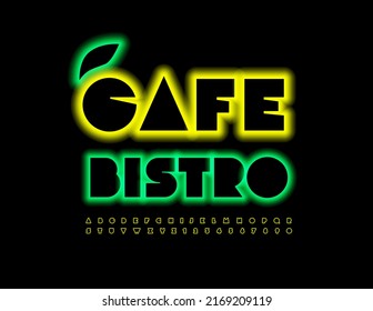 Vector glowing Signboard Cafe Bistro. Stylish Bright Font. Modern neon Alphabet Letters and Numbers set