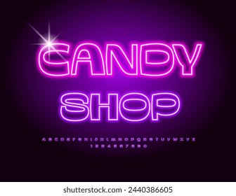 Vector glowing signboard Candy Shop. Bright Electric Font. Modern Neon set of Alphabet Letters and Numbers.