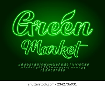 Vector Glowing Signboard Green Market. Bright calligraphic Font.  Neon Alphabet Letters and Numbers
