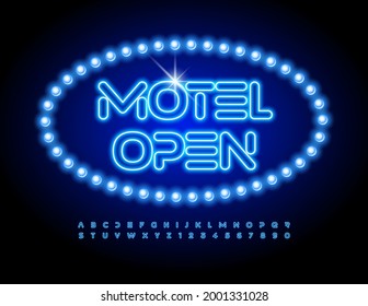 Vector glowing signboard Motel Open. Techno Alphabet Letters and Numbers set. Blue Neon Font