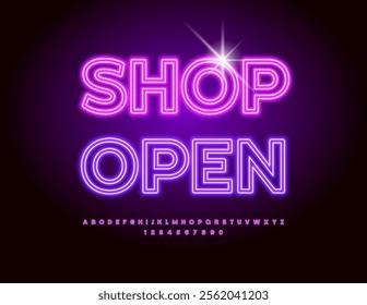 Vector glowing signboard Shop Open. Digital Neon Font. Light tube Alphabet Letters and Numbers set.