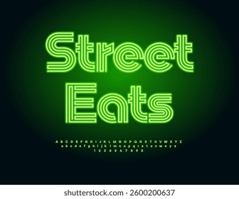 Vector Glowing signboard Street Eats. Neon Green Font. Electric Alphabet Letters and Numbers set.