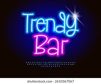 Vector Glowing signboard Trendy Bar. Modern Neon Blue Font. Joyful Led Light Alphabet Letters and Numbers set.