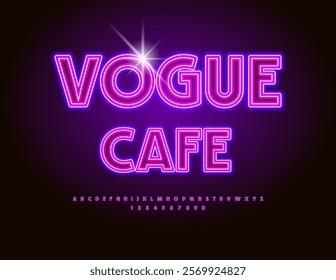 Vector glowing signboard Vogue Cafe. Violet Neon Font. Typography Urban style Alphabet Letters and Symbols.