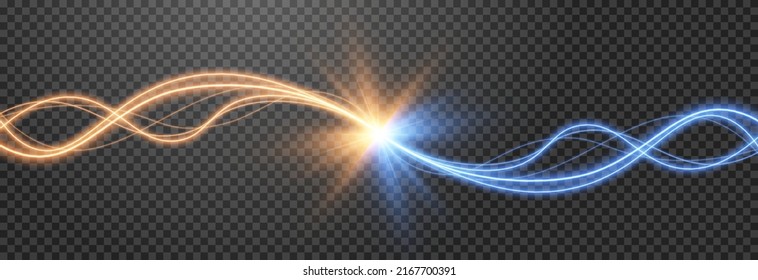 Vector glowing spiral png. The blue and gold spiral meet in the center. Light effect on isolated transparent background. Glowing blue and golden spirals. PNG.