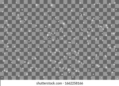 Vector glowing stars, lights and sparkles. Glittering transparent effects on grey grid background