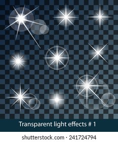 Vector glowing stars, lights and sparkles. Transparent effects