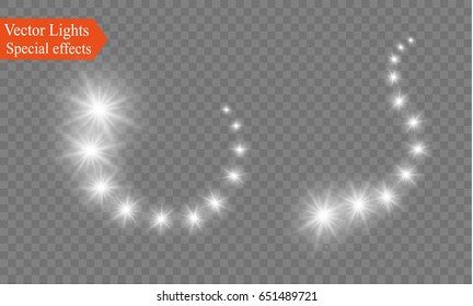 Vector glowing stars, lights and sparkles. Transparent effects