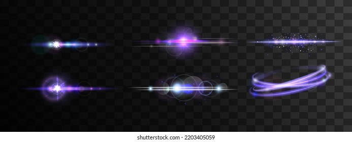 Vector Glowing sun beam with lens flare. Lens flare, light leaks. Purple light flash on transparent background.