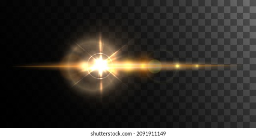 Vector Glowing sun beam with lensflare. Lens flare, light leaks. Golden light flash on transparent background.