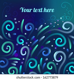 Vector glowing swirls on dark background, Blue neon in abstract