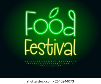 Vector Glowing template Food Festival. Fashion Neon Green Font. Led Light Alphabet Letters and Numbers set.