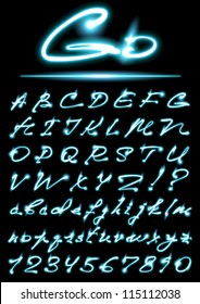 vector glowing transparent Alphabet, uppercase and lowercase letters, digits