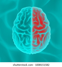 Vector glowing turquoise human brain top view close up isolated on background