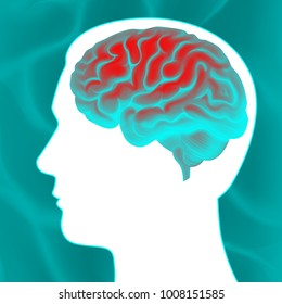 Vector glowing turquoise human brain with white head silhouette side view close up isolated on background