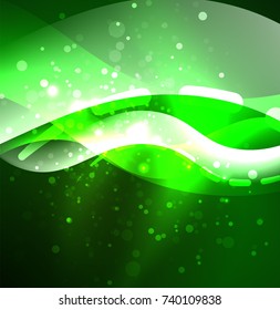 Ola vectorial brillante, líneas onduladas de diseño de humo. Fondo abstracto de línea ondulada de seda brillante, papel tapizado con forma de onda y efectos de luz, estilo liso