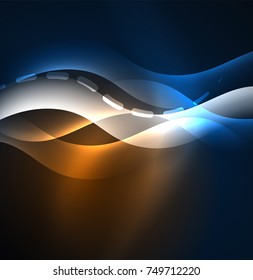 Ola vectorial brillante, líneas onduladas de diseño de humo. Fondo abstracto de línea ondulada de seda brillante, papel tapizado con forma de onda y efectos de luz, estilo liso