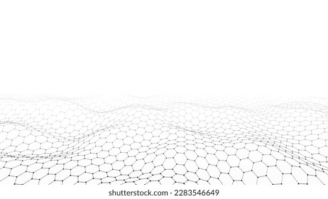 Vector glowing white hexagon wave with motion dots and lines. Abstract digital background. Concept connection big data. Futuristic technology backdrop. 3D rendering.