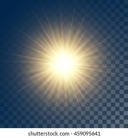 Vector glowing yellow sun with rays on transparent like background. Contains clipping mask.