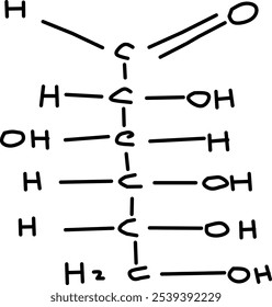 vector glucose molecule with symbol C₆H₁₂O₆, in Doodle style. vector hand drawn chemical science molecules.